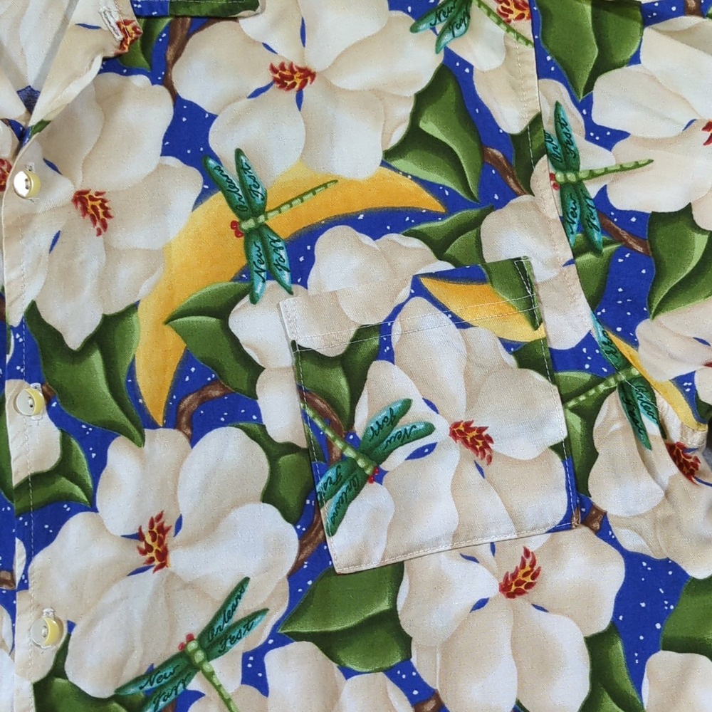 BayouWear HowAhYa Hawaiian Shirt Moonlit Magnolias Mens XL Blue Dragonfly Rayon - Picture 4 of 9